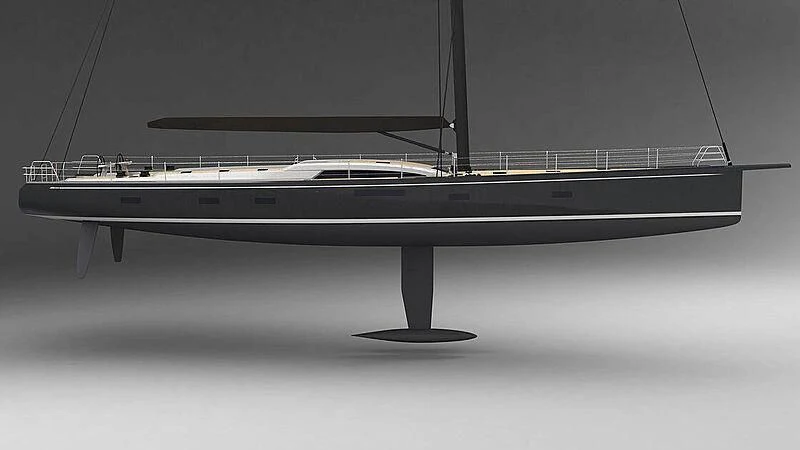 a black and white model of a boat on a stand aboard SORVIND Yacht for Charter