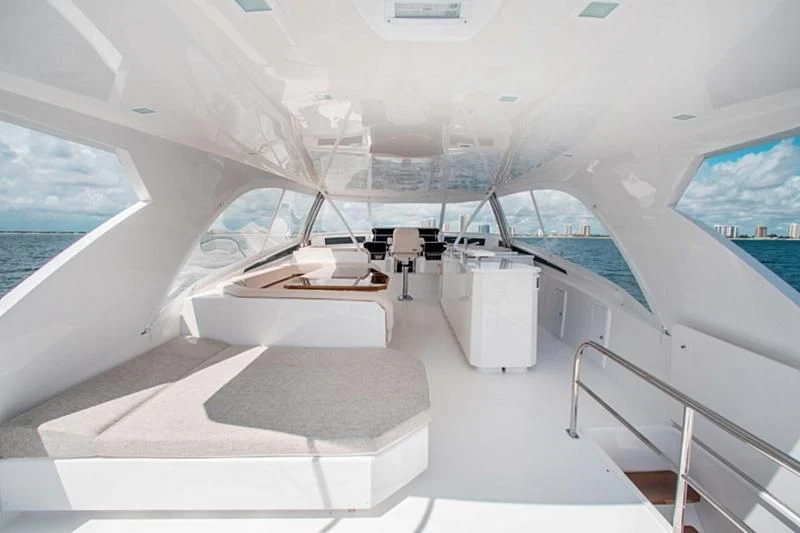 inside of a white space ship aboard MANA Yacht for Sale