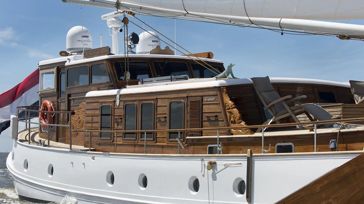 a boat with a large gun aboard DE VROUWE CHRISTINA Yacht for Sale