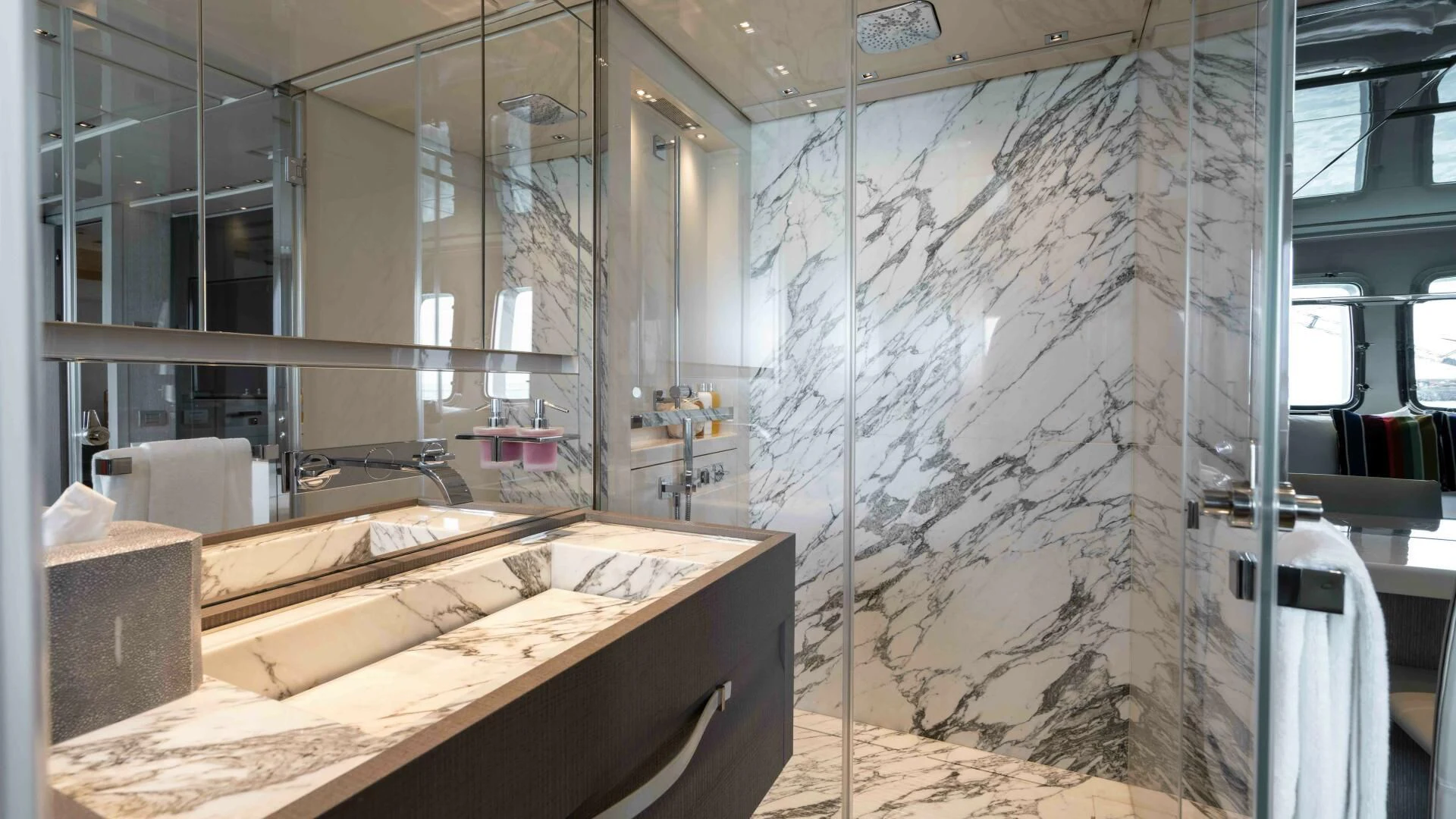 a bathroom with a large shower aboard TIME OUT I Yacht for Sale