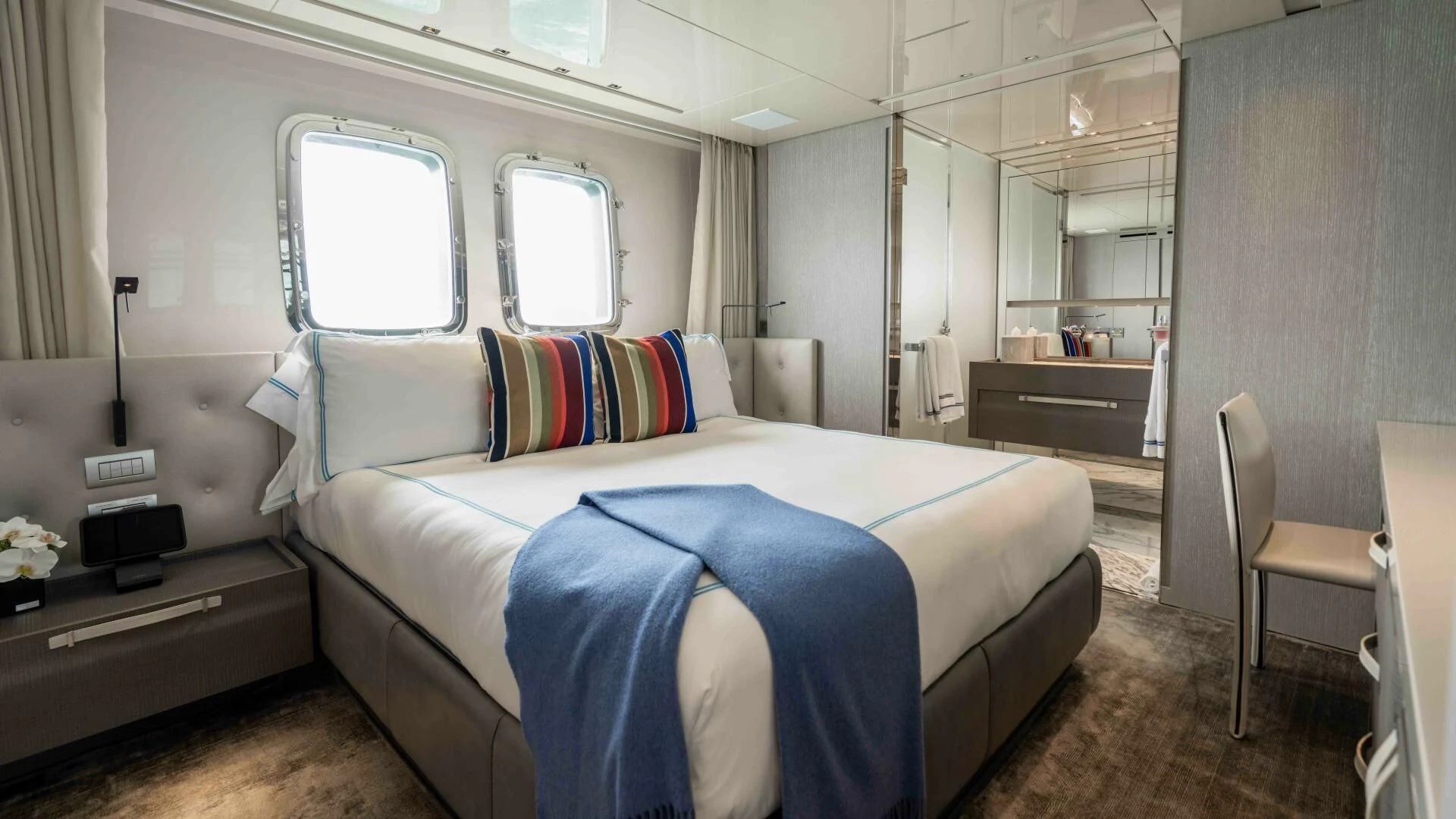 a bed in a room aboard TIME OUT I Yacht for Sale
