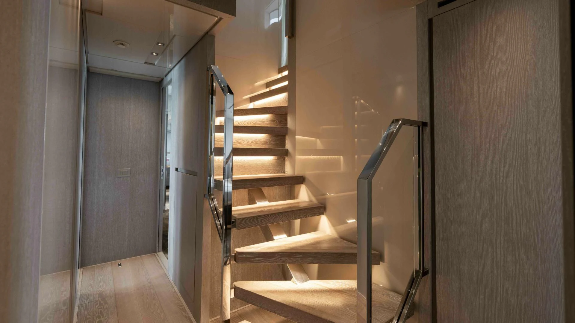 a set of stairs in a room aboard TIME OUT I Yacht for Sale