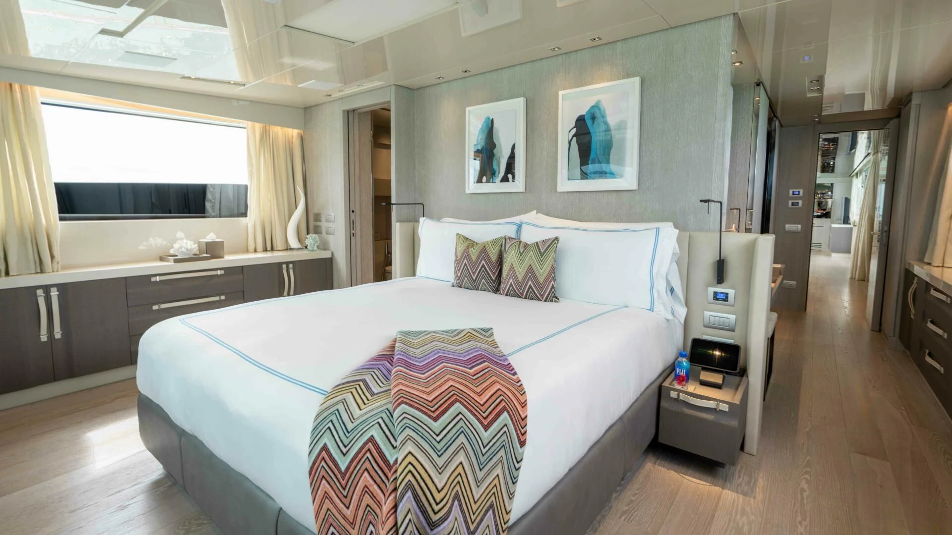 a bed in a room aboard TIME OUT I Yacht for Sale