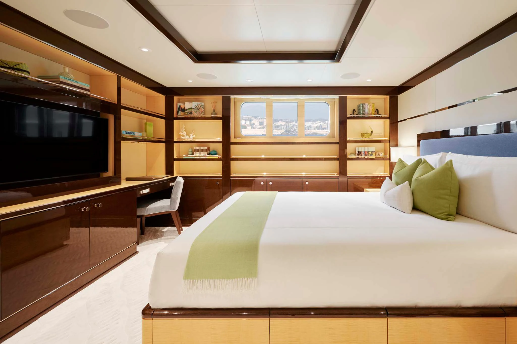 a bed in a room aboard REVELRY Yacht for Sale