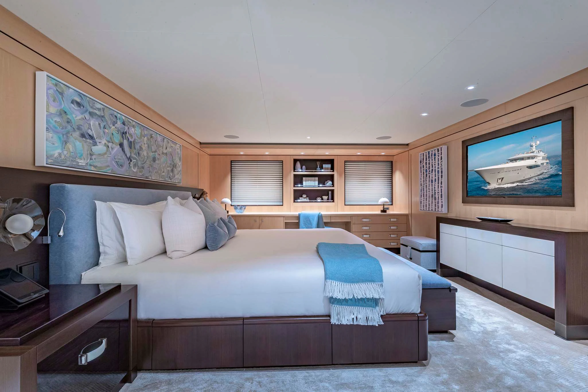 a bed in a room aboard REVELRY Yacht for Sale