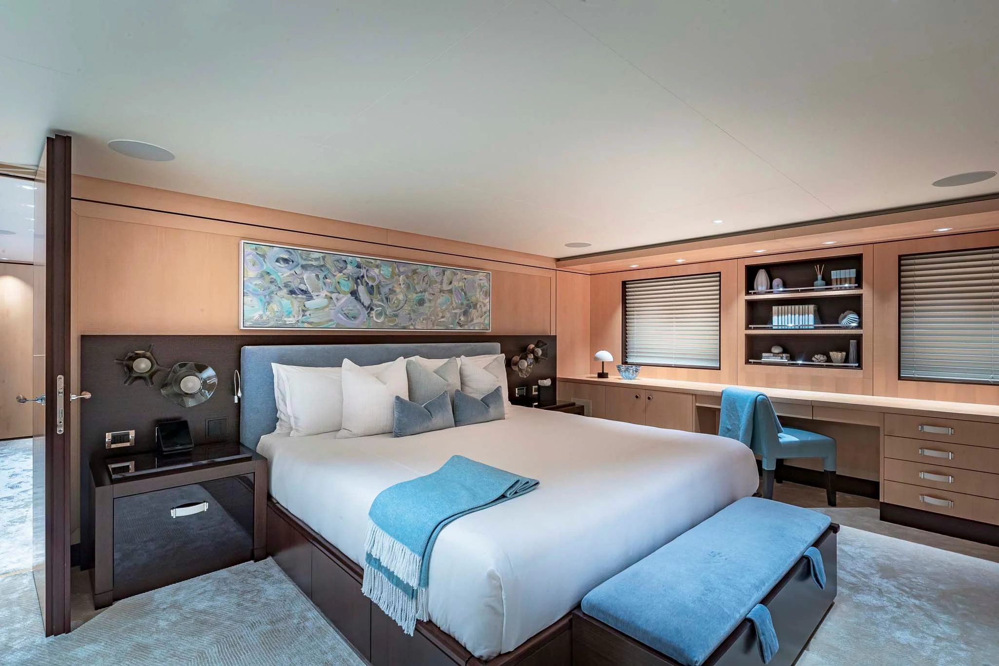 a bed in a room aboard REVELRY Yacht for Sale