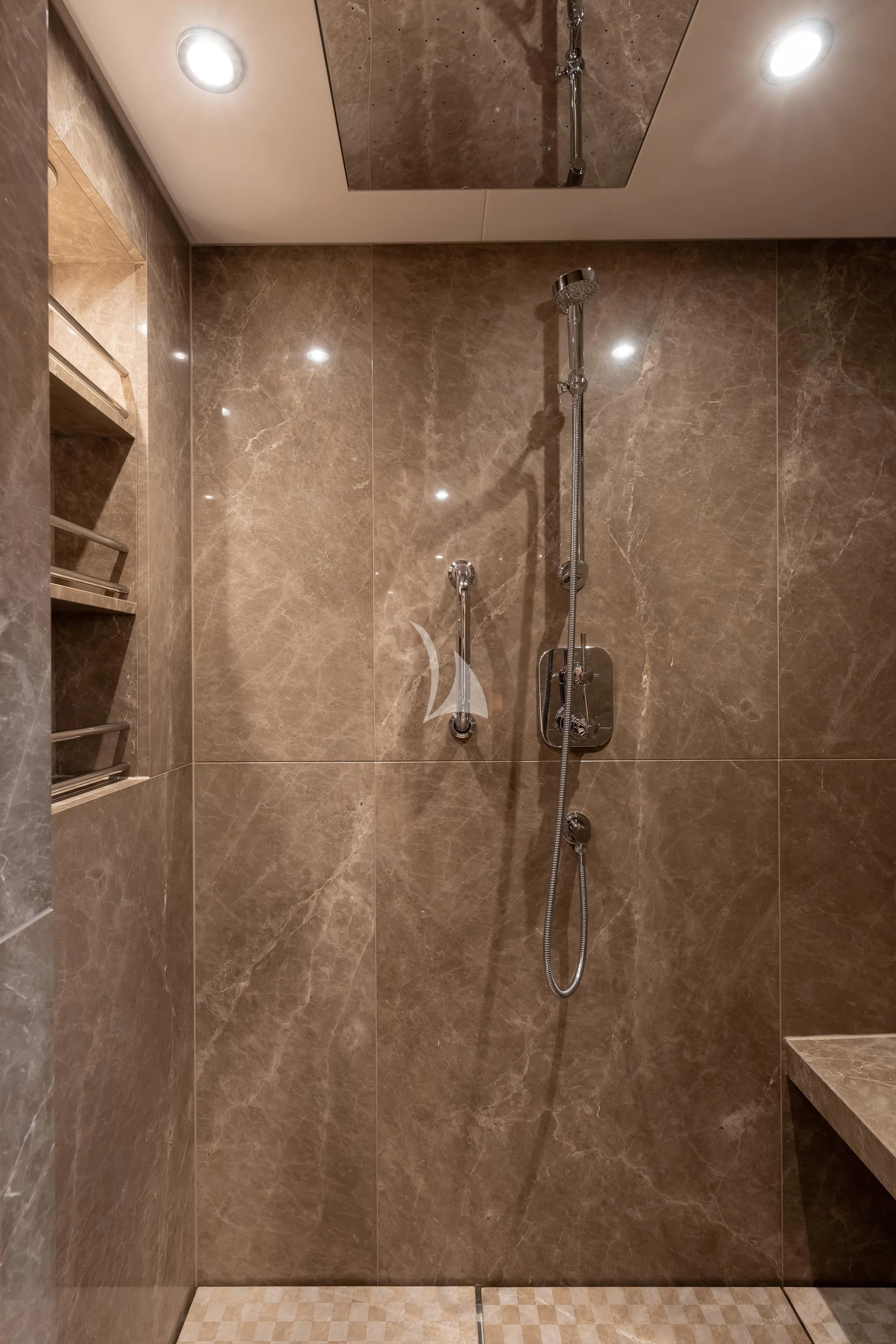 a shower with a glass door aboard REVELRY Yacht for Sale