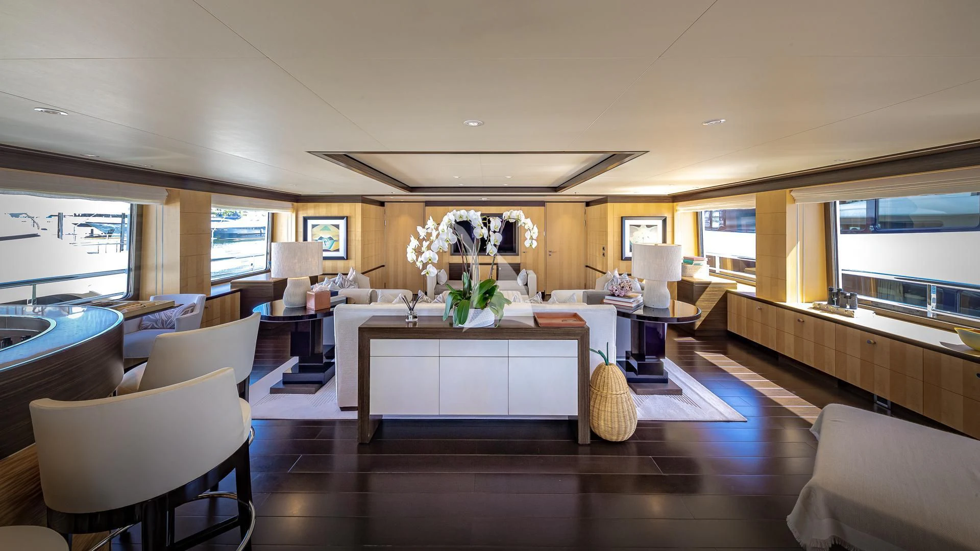 a large kitchen with a large island aboard REVELRY Yacht for Sale