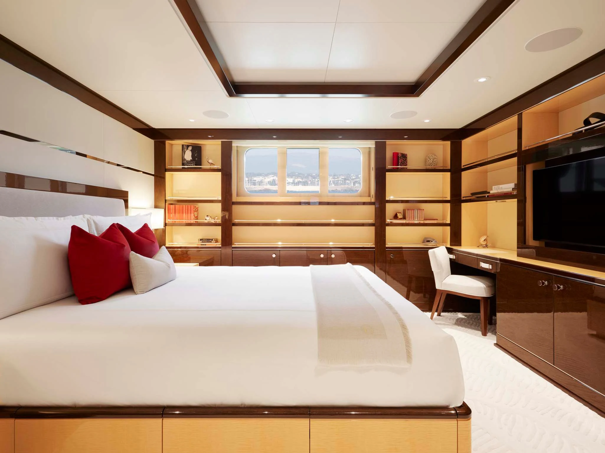 a bed in a room aboard REVELRY Yacht for Sale