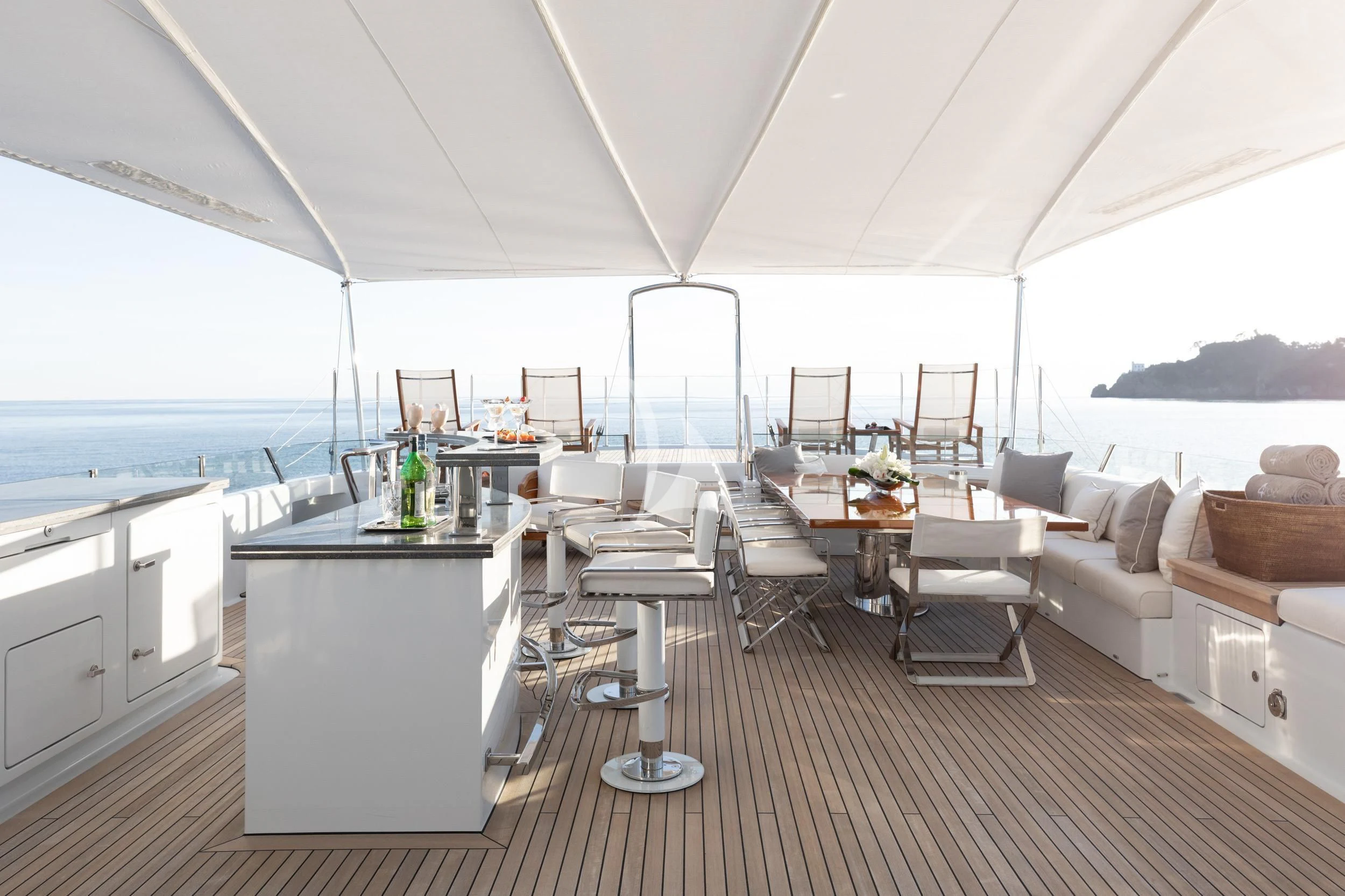 a large open kitchen with a large open floor plan aboard REVELRY Yacht for Sale