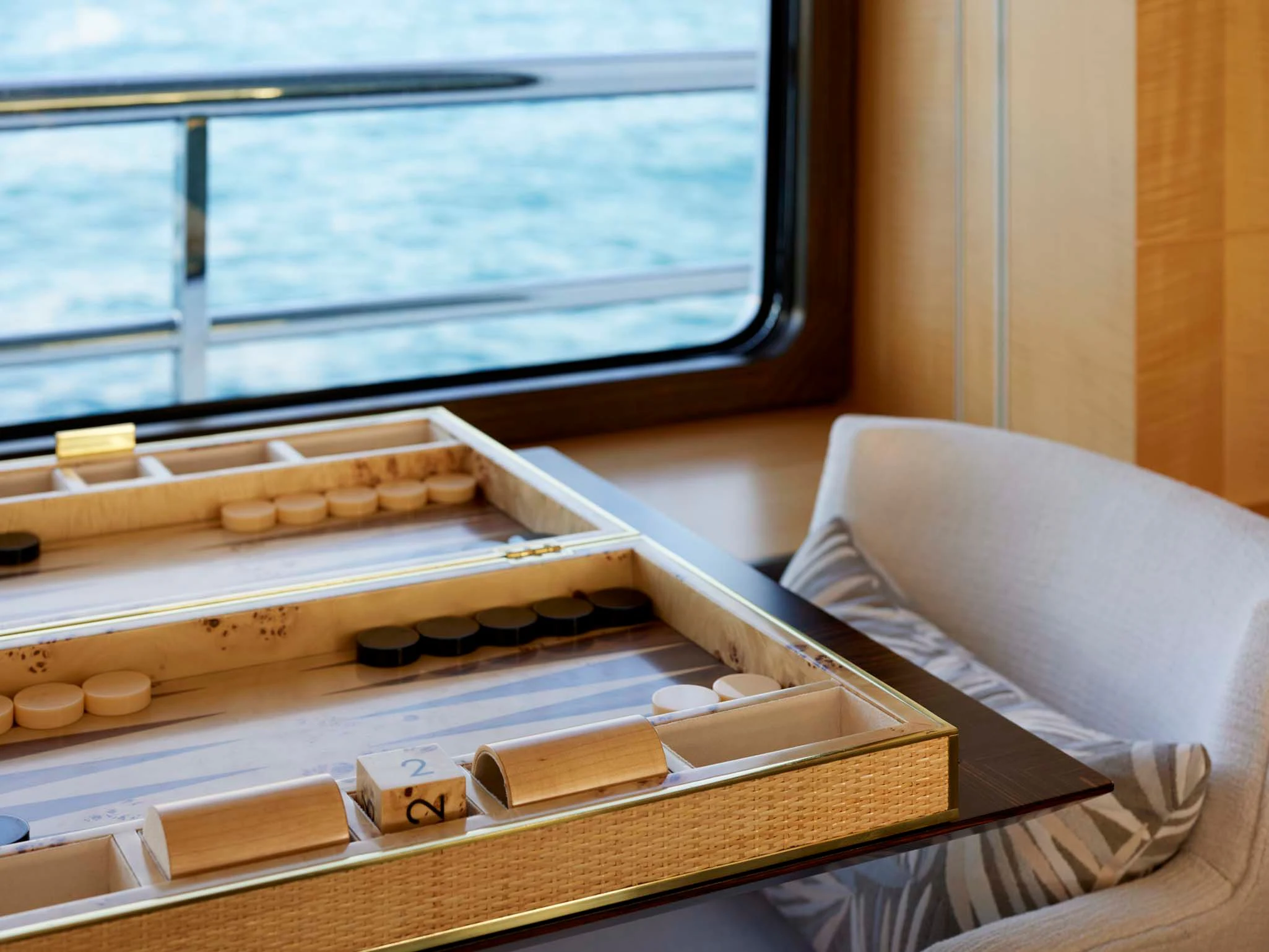 a bed with a tray of pills aboard REVELRY Yacht for Sale