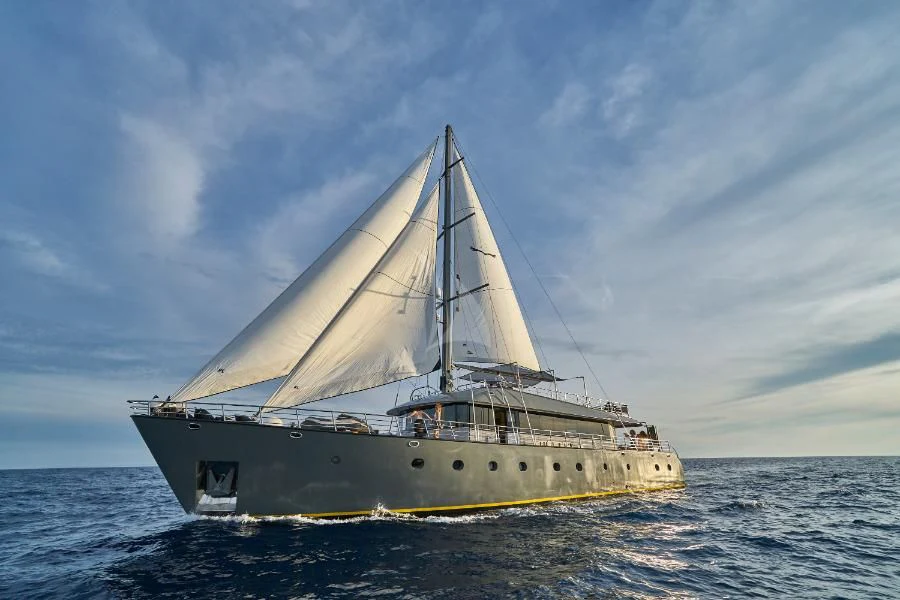 a large ship in the water aboard RARA AVIS Yacht for Charter