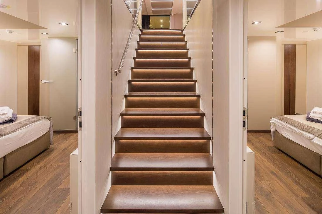 a staircase in a room aboard RARA AVIS Yacht for Charter