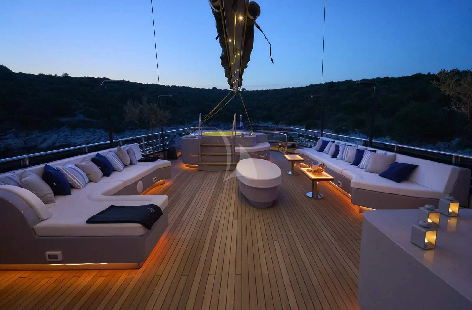 a deck with a large deck and a large lamp post on it aboard RARA AVIS Yacht for Charter