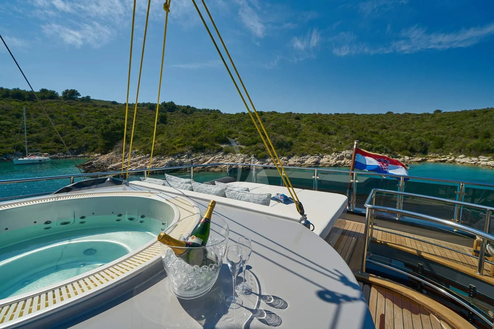 a boat with a flag on the front aboard RARA AVIS Yacht for Charter