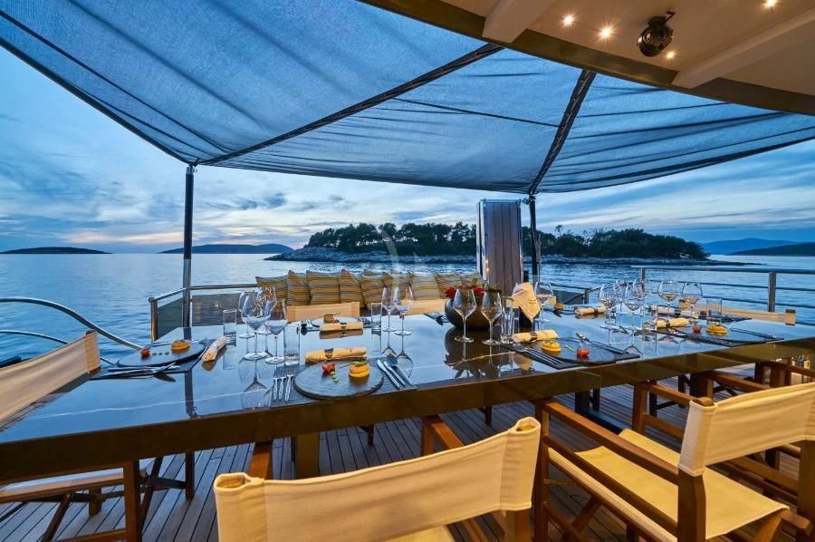a deck with a view of the ocean and mountains aboard RARA AVIS Yacht for Charter