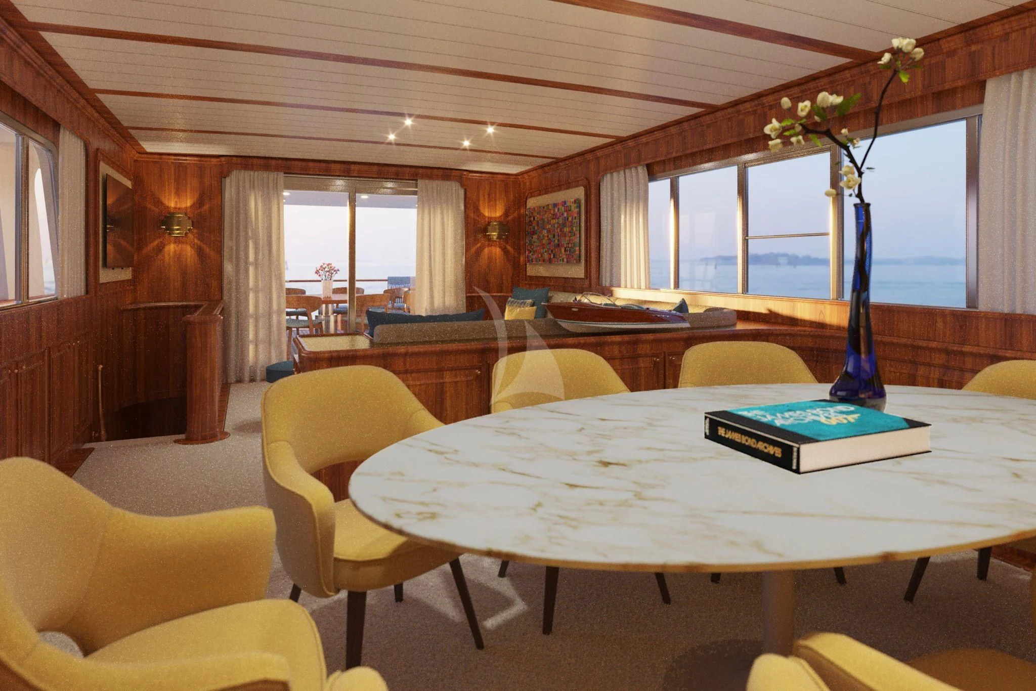 a dining room with a table and chairs aboard A&A Yacht for Charter