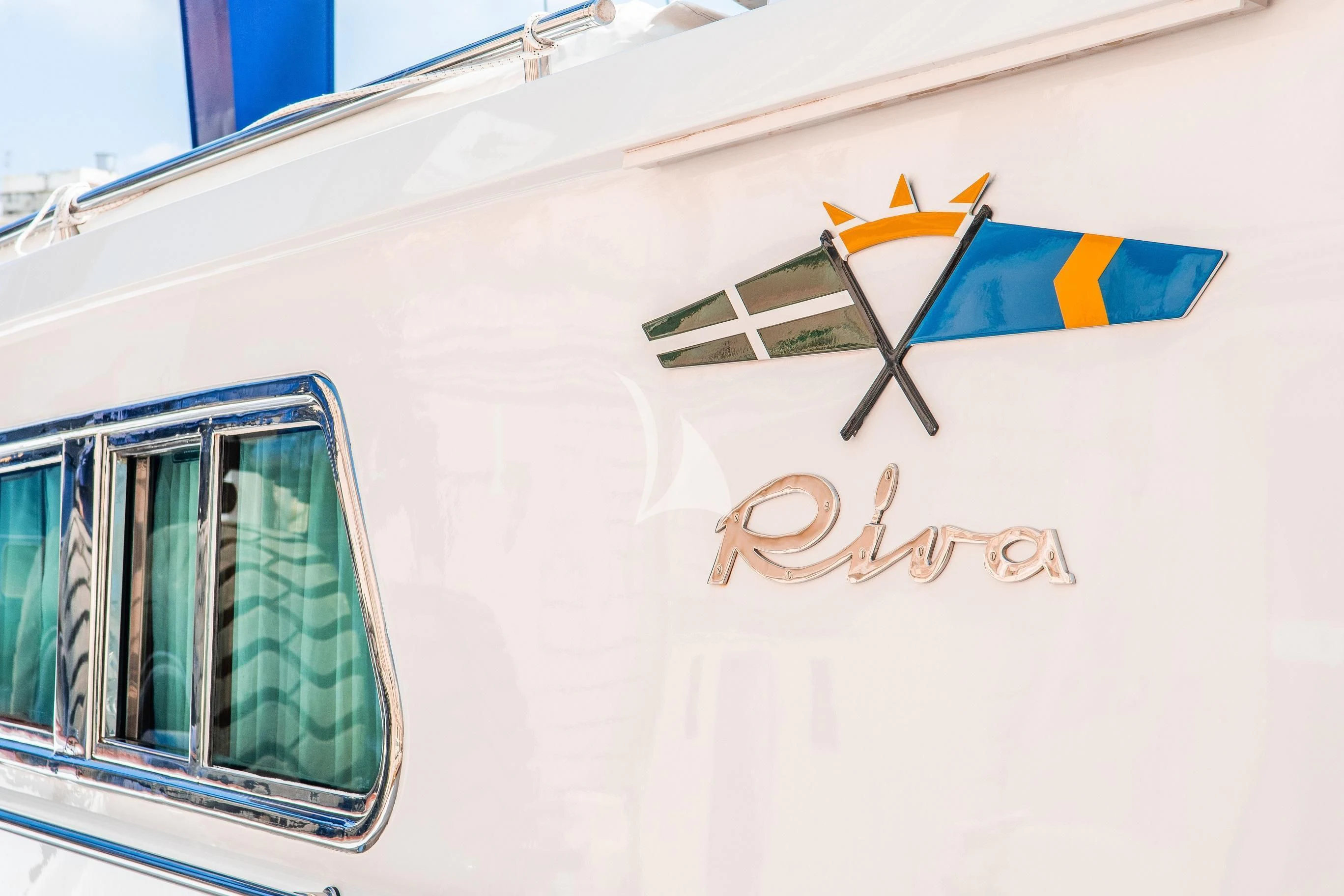a logo on a building aboard A&A Yacht for Charter