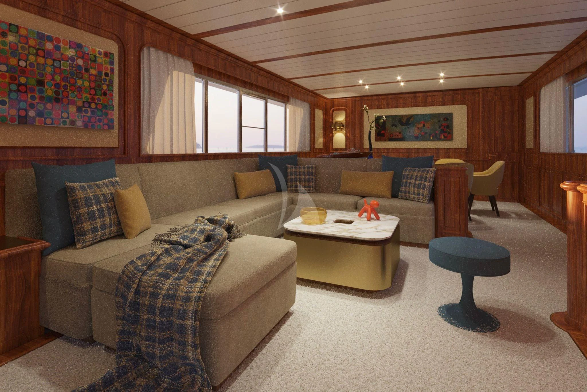a living room with couches and a table aboard A&A Yacht for Charter
