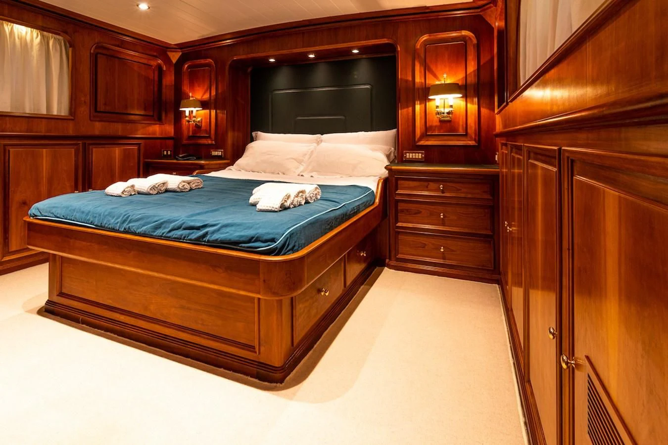 a bed in a room aboard A&A Yacht for Charter