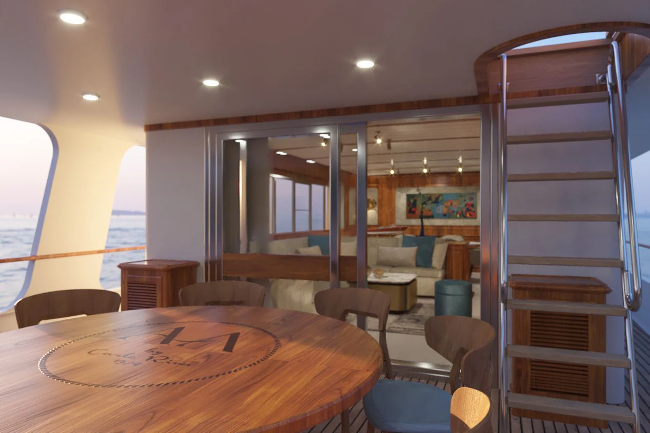 a room with a table and chairs aboard A&A Yacht for Charter