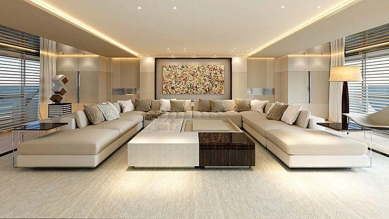 a large living room with a large white couch and a large window aboard LEMON TREE Yacht for Charter