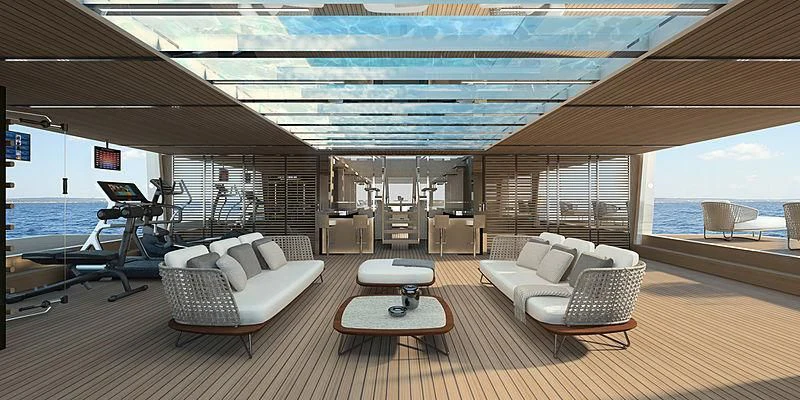a large living room with a large open roof aboard LEMON TREE Yacht for Charter