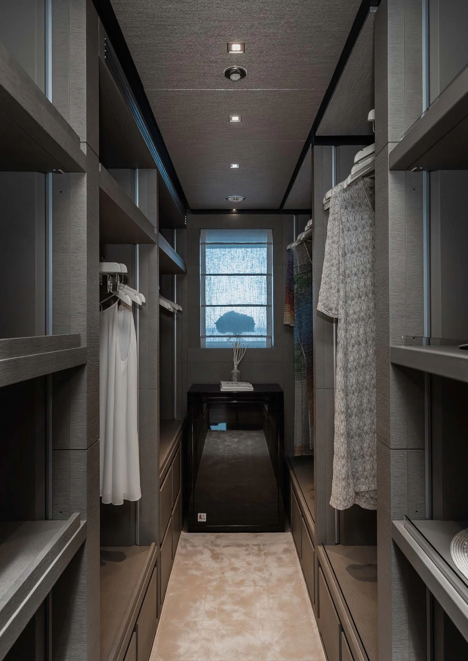 a hallway with a large window aboard LEMON TREE Yacht for Charter