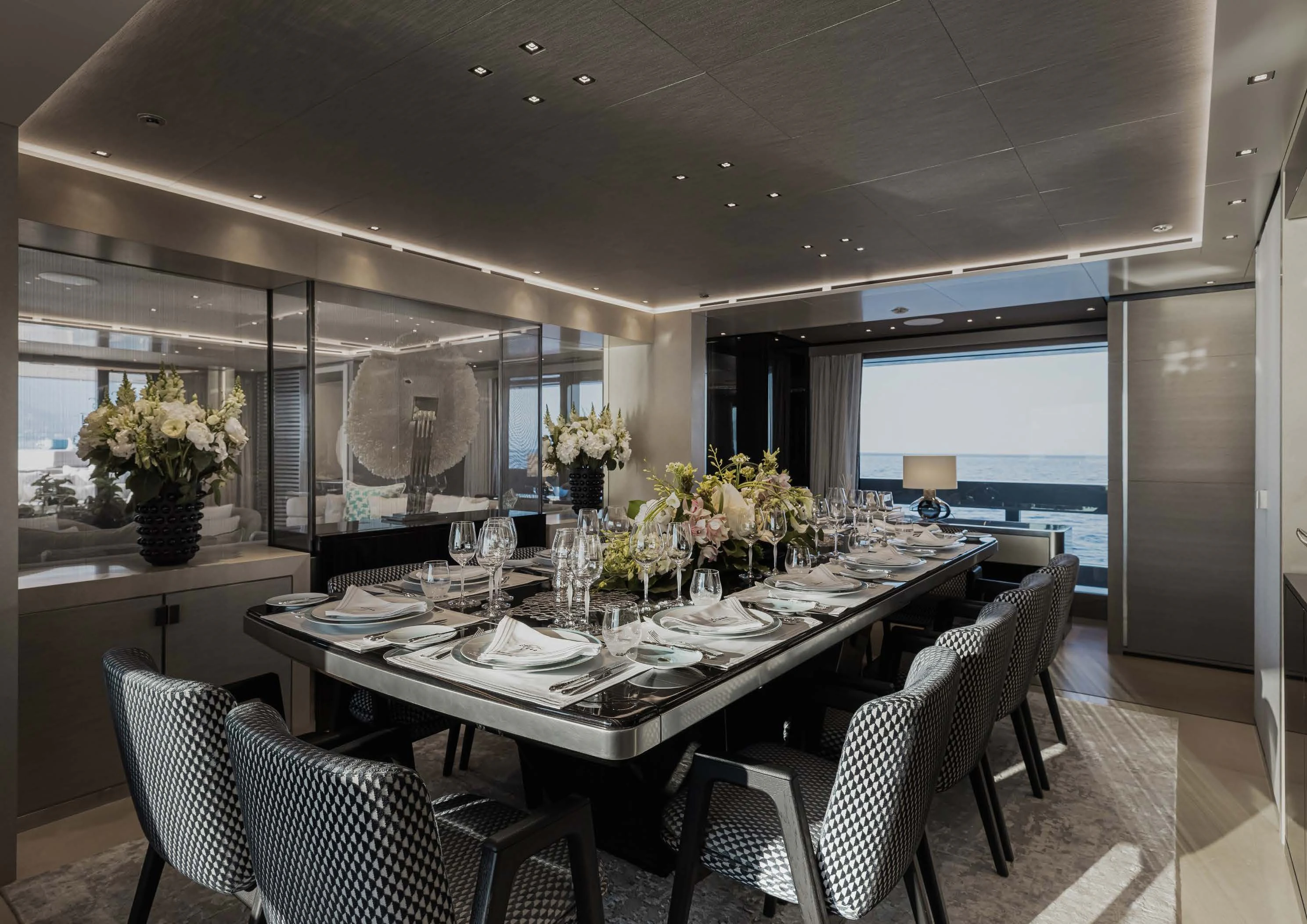 a dining table set for a dinner aboard LEMON TREE Yacht for Charter