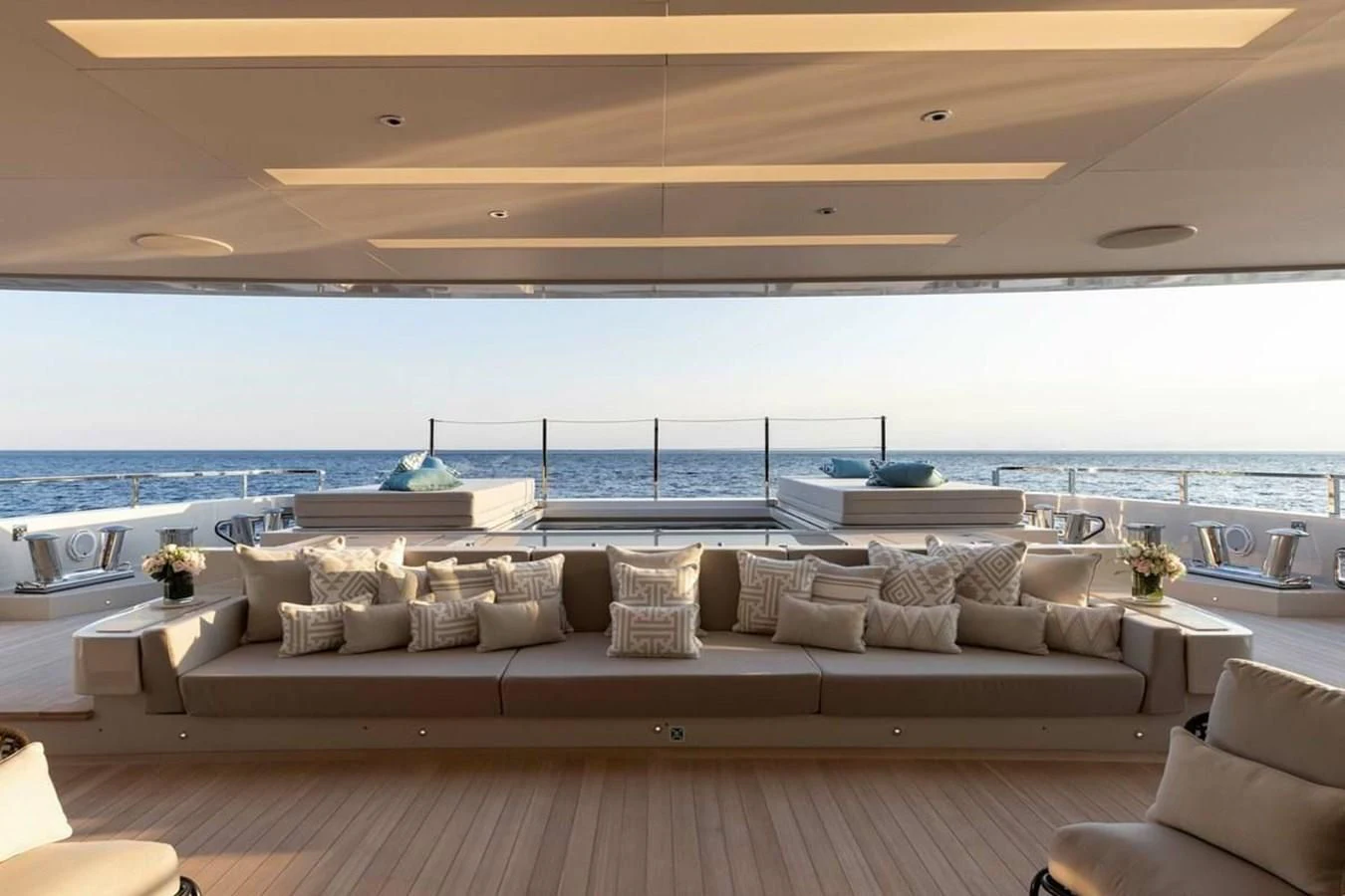 a living room with a large ocean aboard LEMON TREE Yacht for Charter