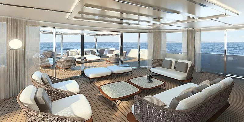 a room with a table chairs and a large window aboard LEMON TREE Yacht for Charter