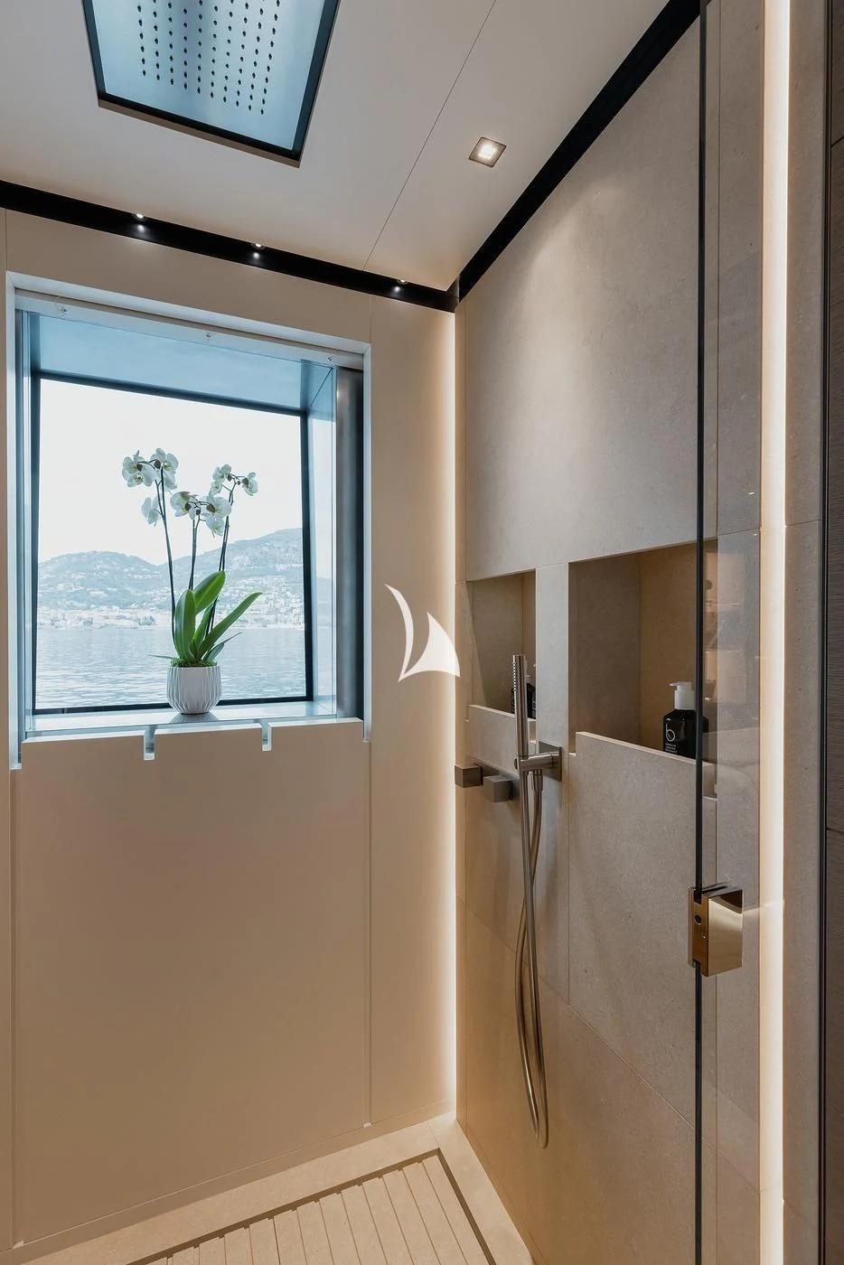 a room with a window and a plant in it aboard LEMON TREE Yacht for Charter