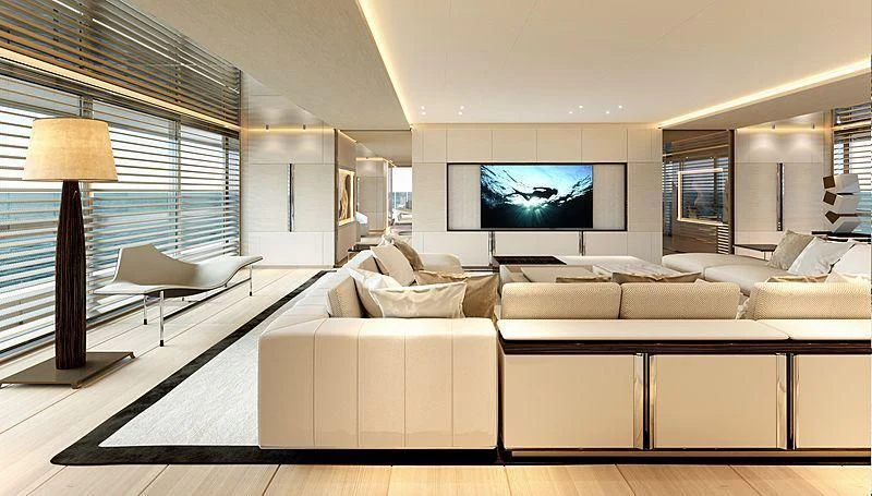 a large living room with a large tv aboard LEMON TREE Yacht for Charter