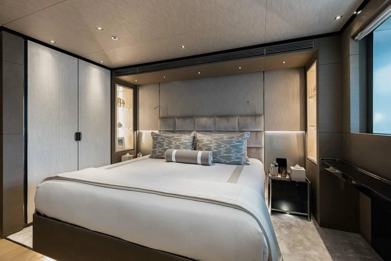 a bed in a room aboard LEMON TREE Yacht for Charter