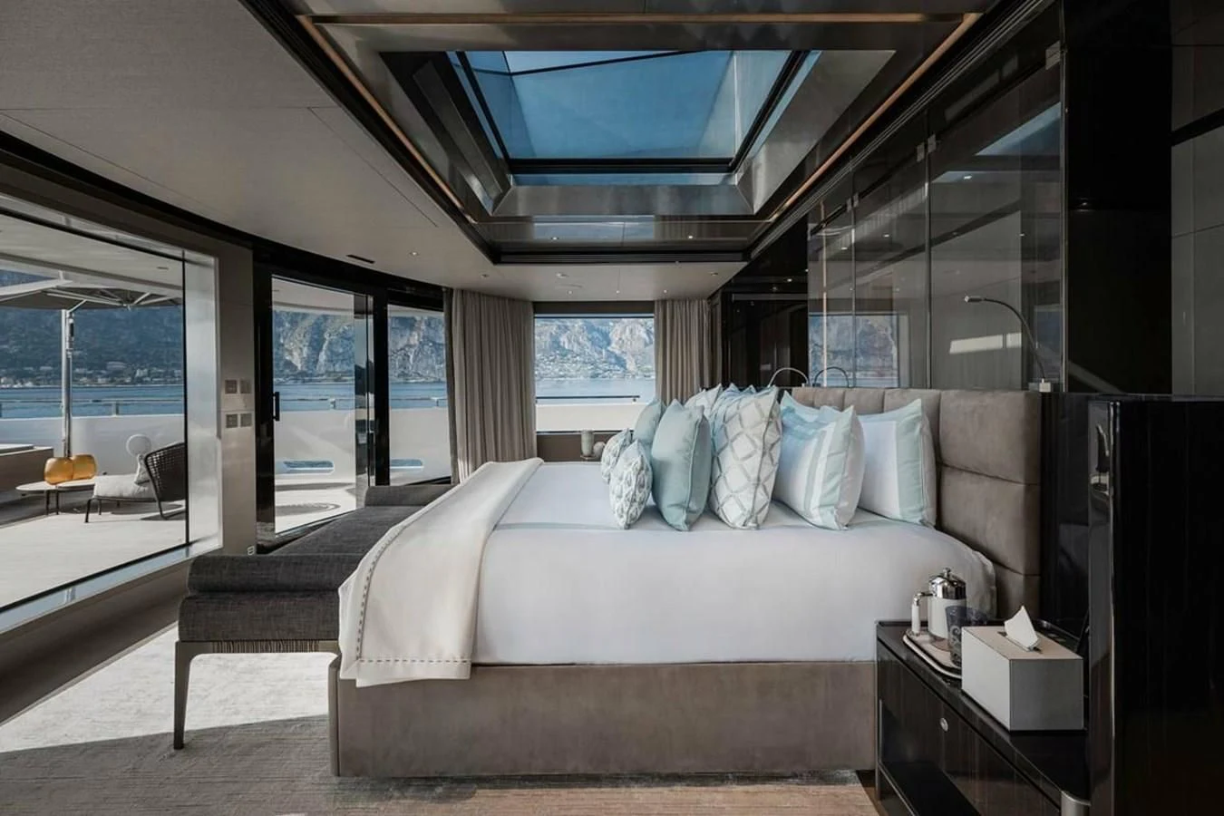 a bed in a room aboard LEMON TREE Yacht for Charter