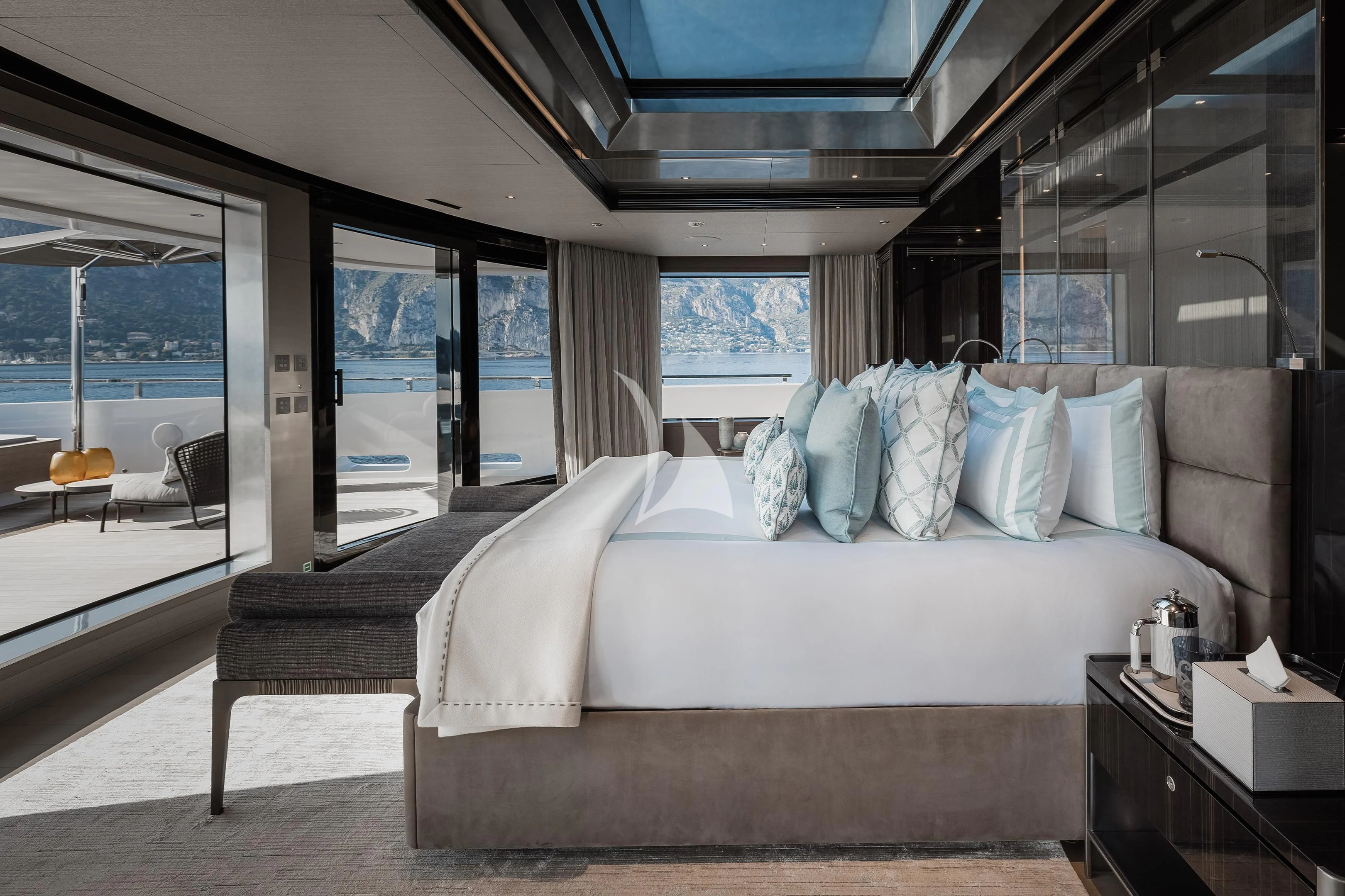 a bed in a room aboard LEMON TREE Yacht for Charter