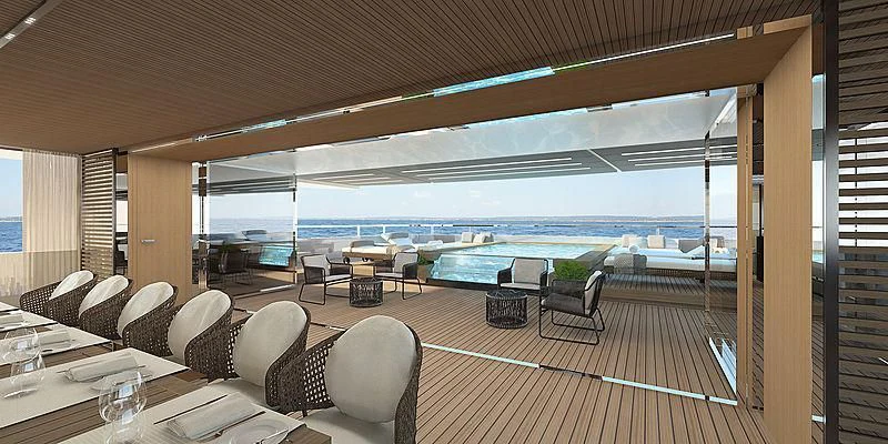 a room with a pool table and chairs and a large window aboard LEMON TREE Yacht for Charter