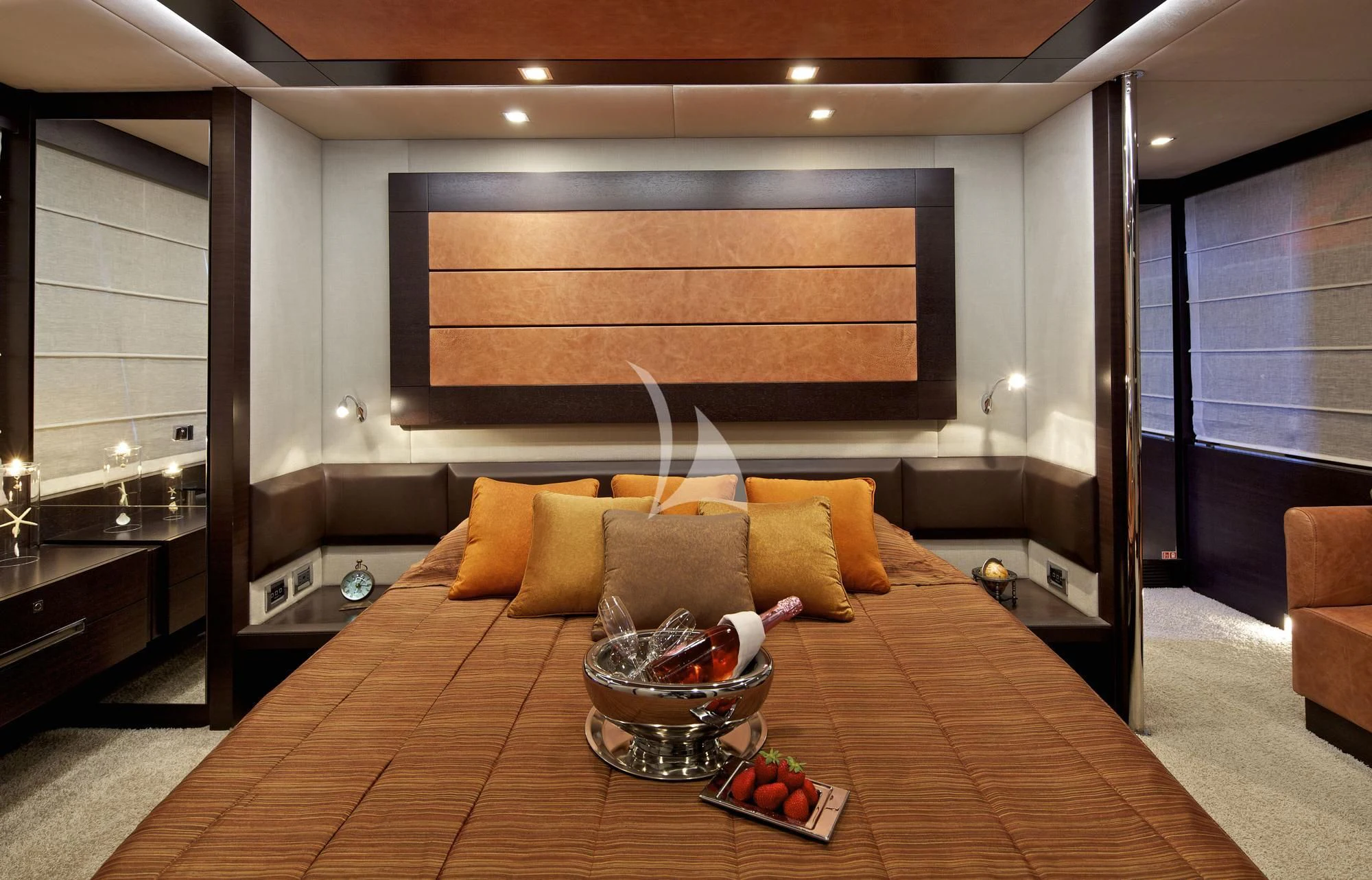 a modern living room with a large screen aboard THEA MALTA Yacht for Sale