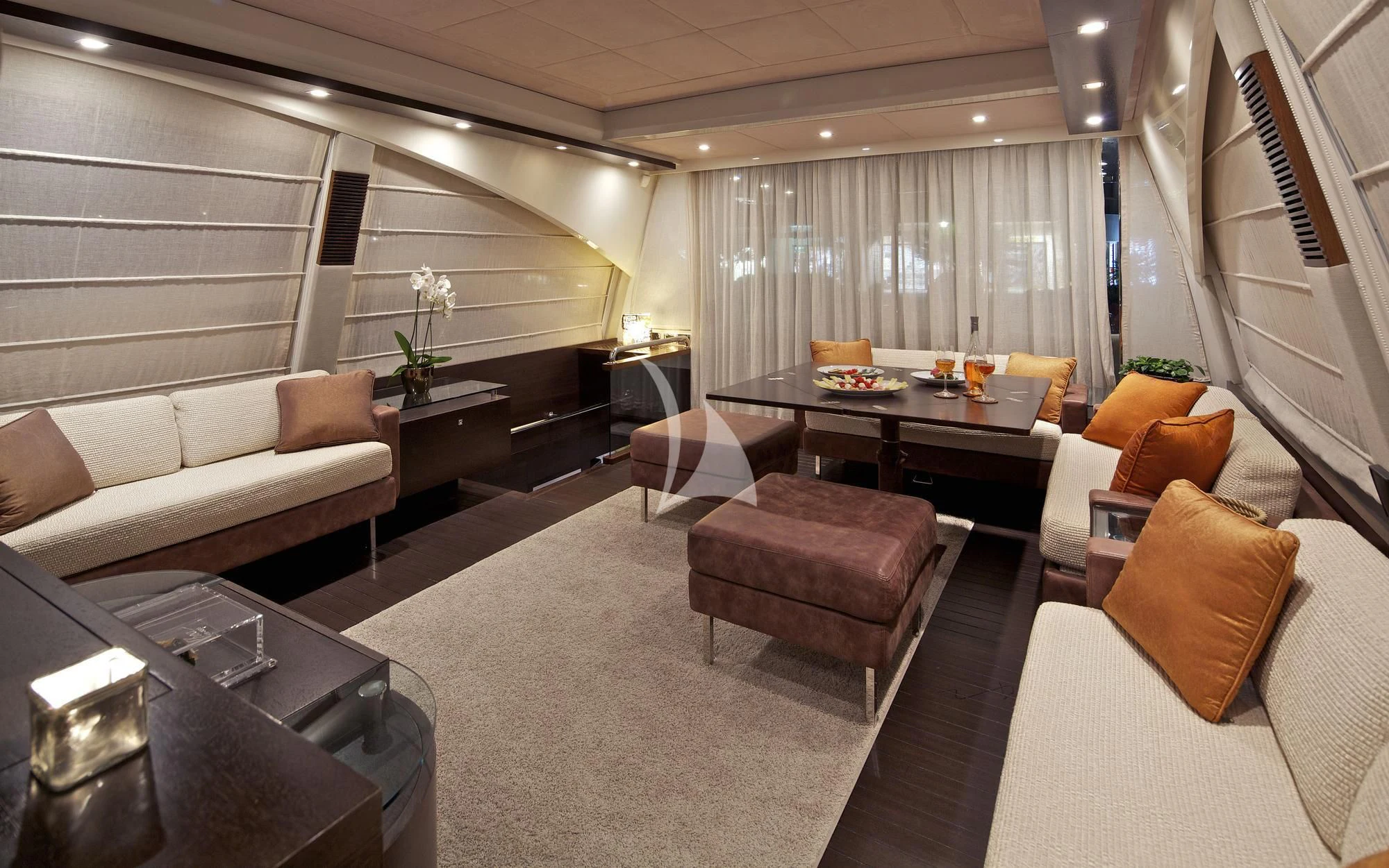 a living room with a couch and a piano aboard THEA MALTA Yacht for Sale