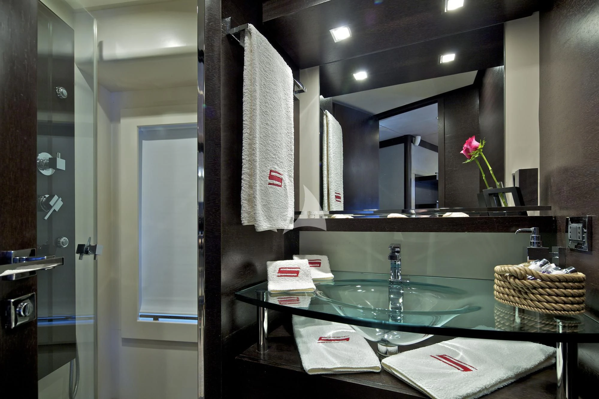 a kitchen with a sink and counter aboard THEA MALTA Yacht for Sale