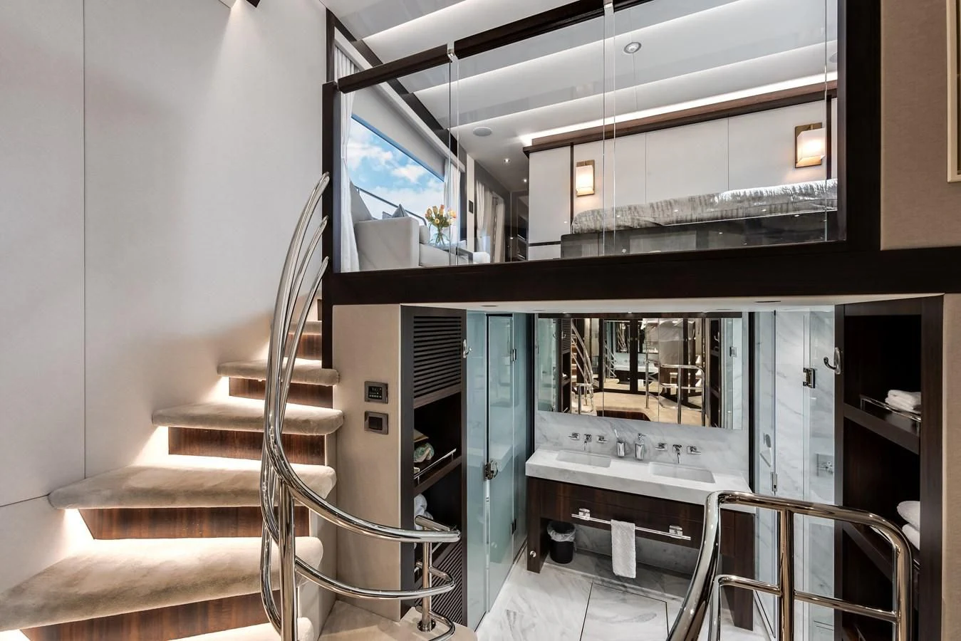 a room with a ladder and a computer aboard TRIGGER HAPPY Yacht for Sale