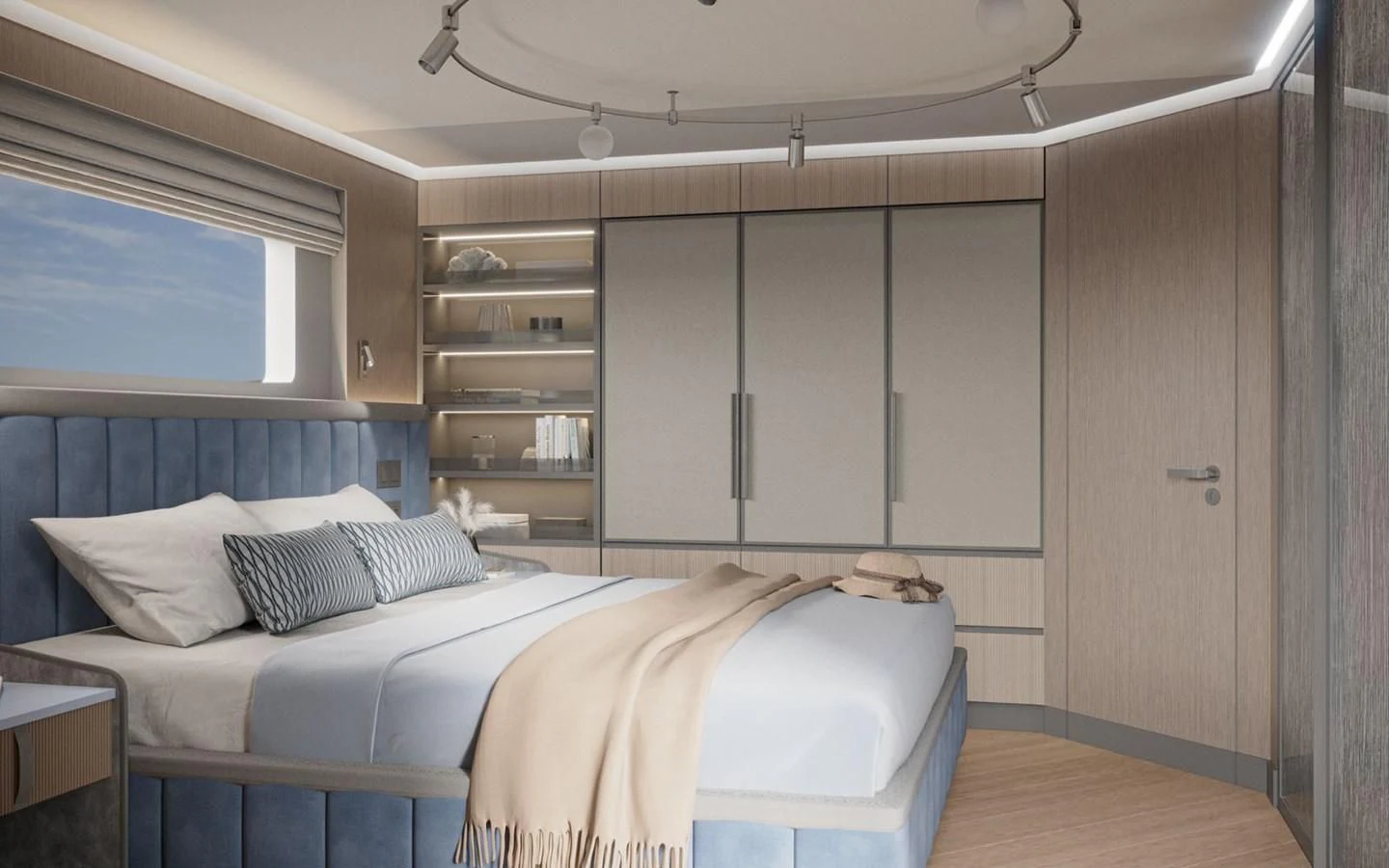 a room with two beds aboard BERING B82 Yacht for Sale