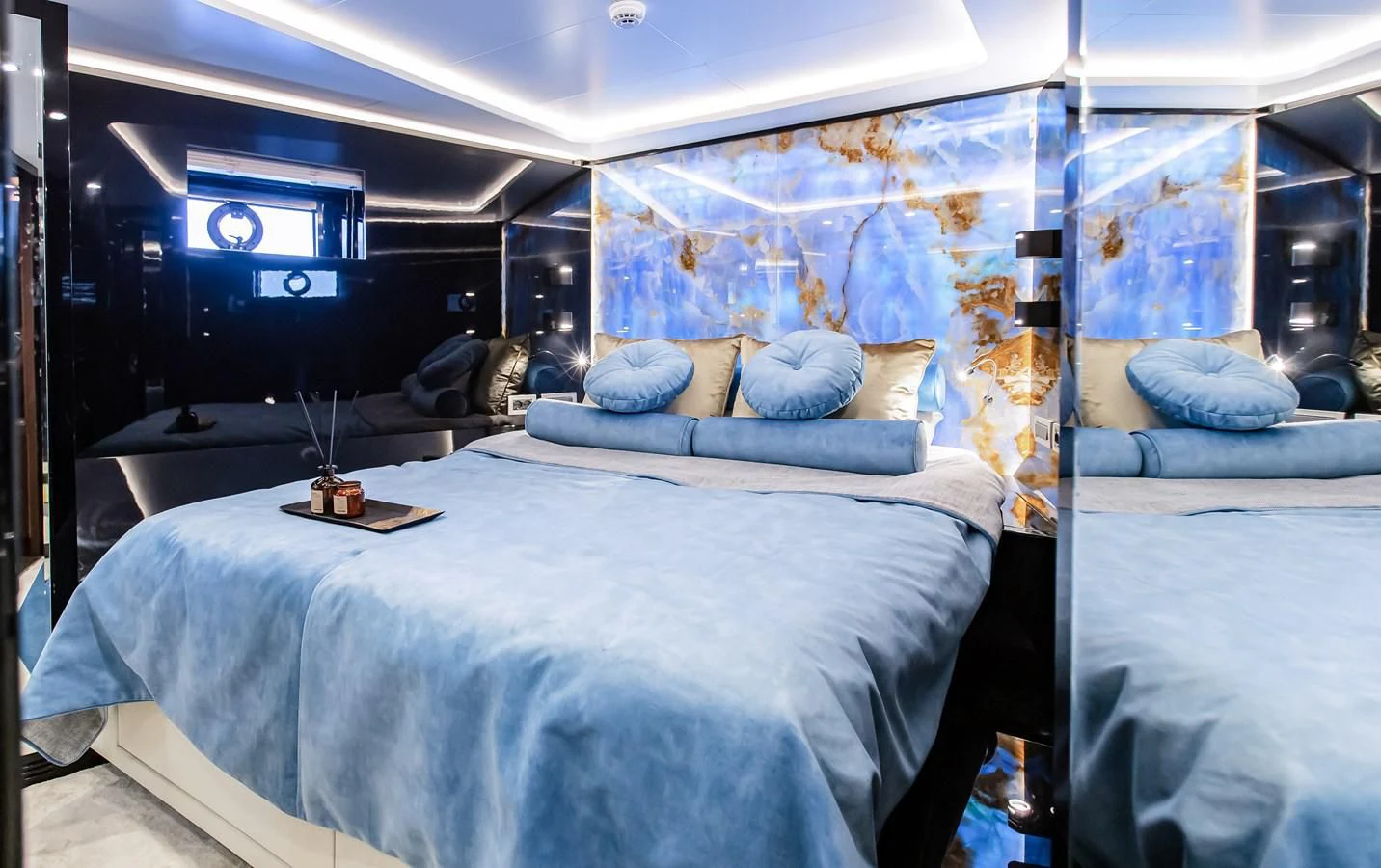 a room with two beds aboard BERING B82 Yacht for Sale
