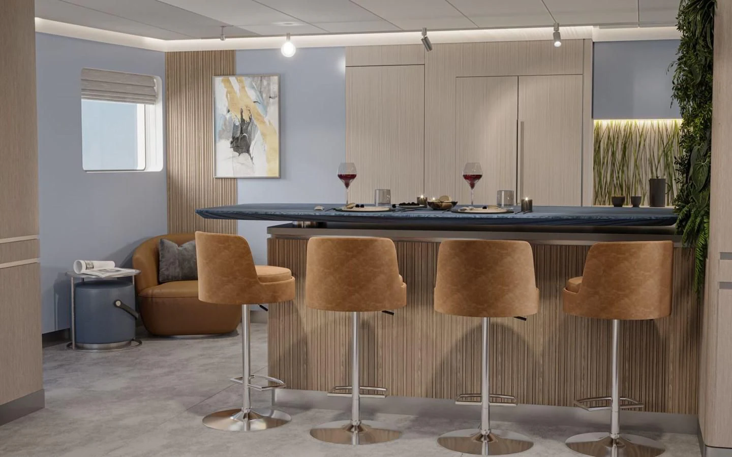 a large kitchen with a bar and chairs aboard BERING B82 Yacht for Sale