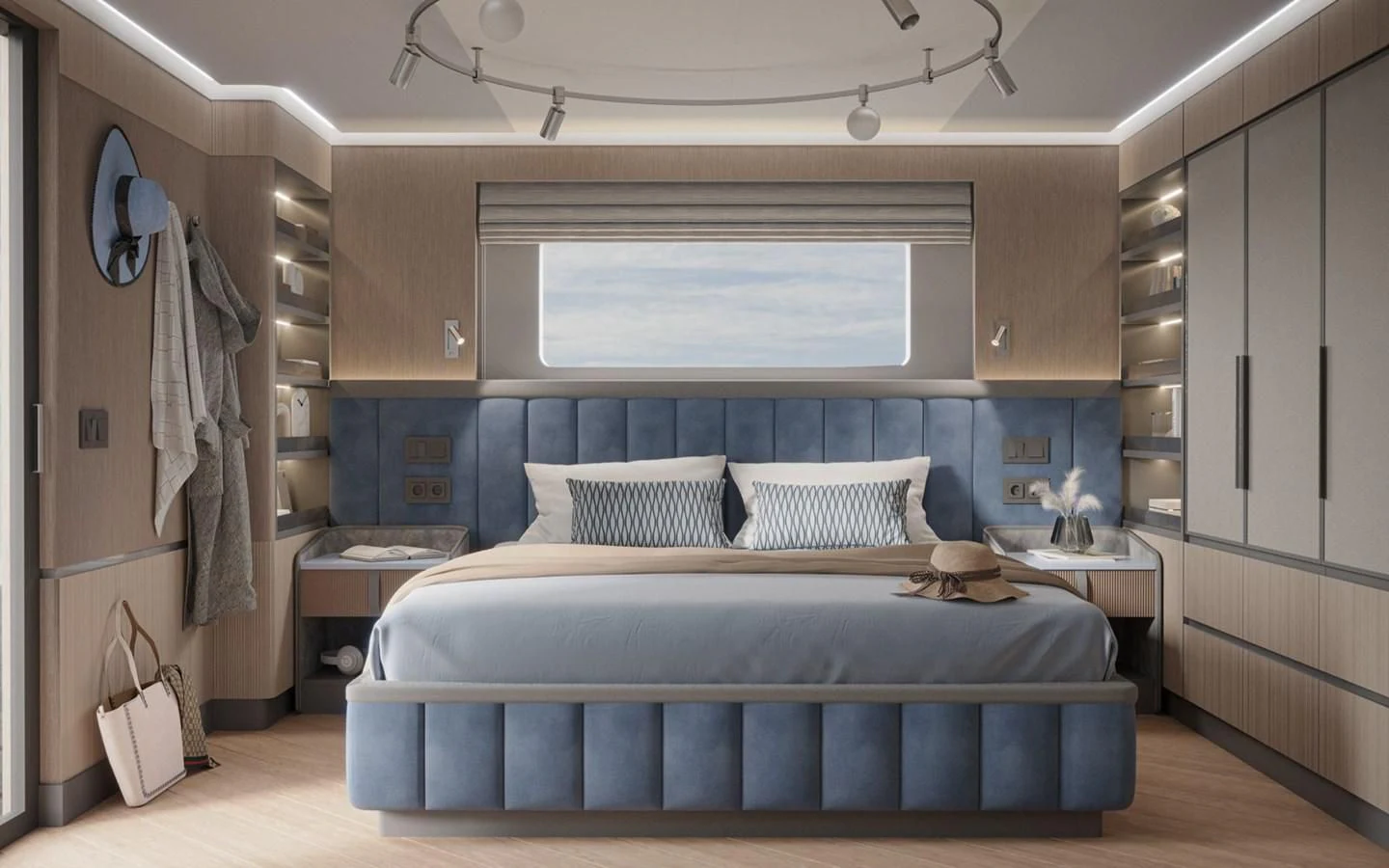 a bed in a room aboard BERING B82 Yacht for Sale