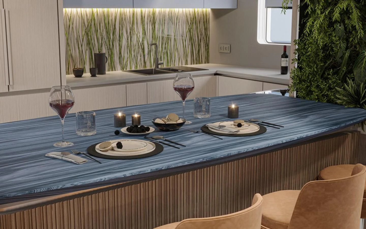 a table with plates and glasses on it aboard BERING B82 Yacht for Sale