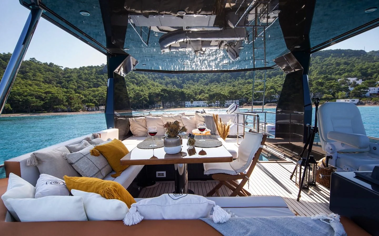 a table on a boat aboard BERING B82 Yacht for Sale