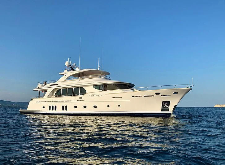 a white yacht in the water aboard VANADIS Yacht for Sale