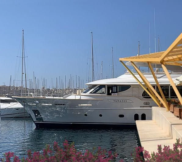 a boat docked at a pier aboard VANADIS Yacht for Sale