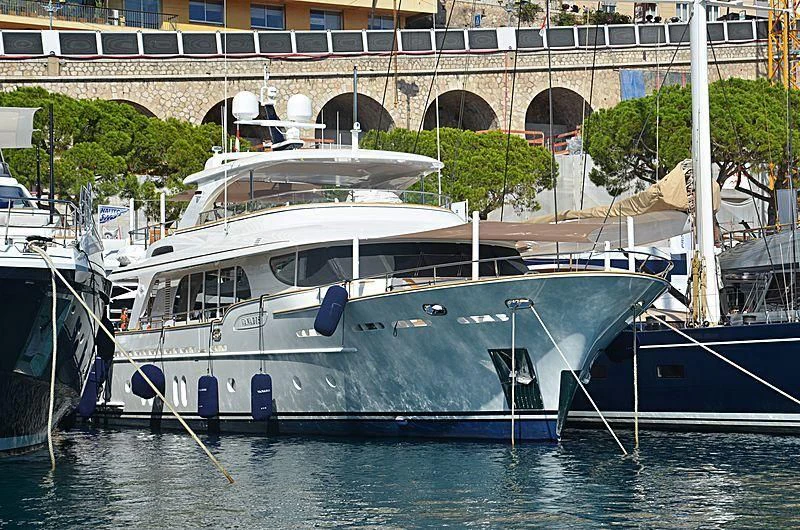 a boat docked at a pier aboard VANADIS Yacht for Sale
